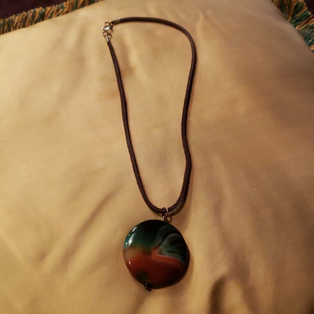 2/16 Green and brown stone on leather necklace